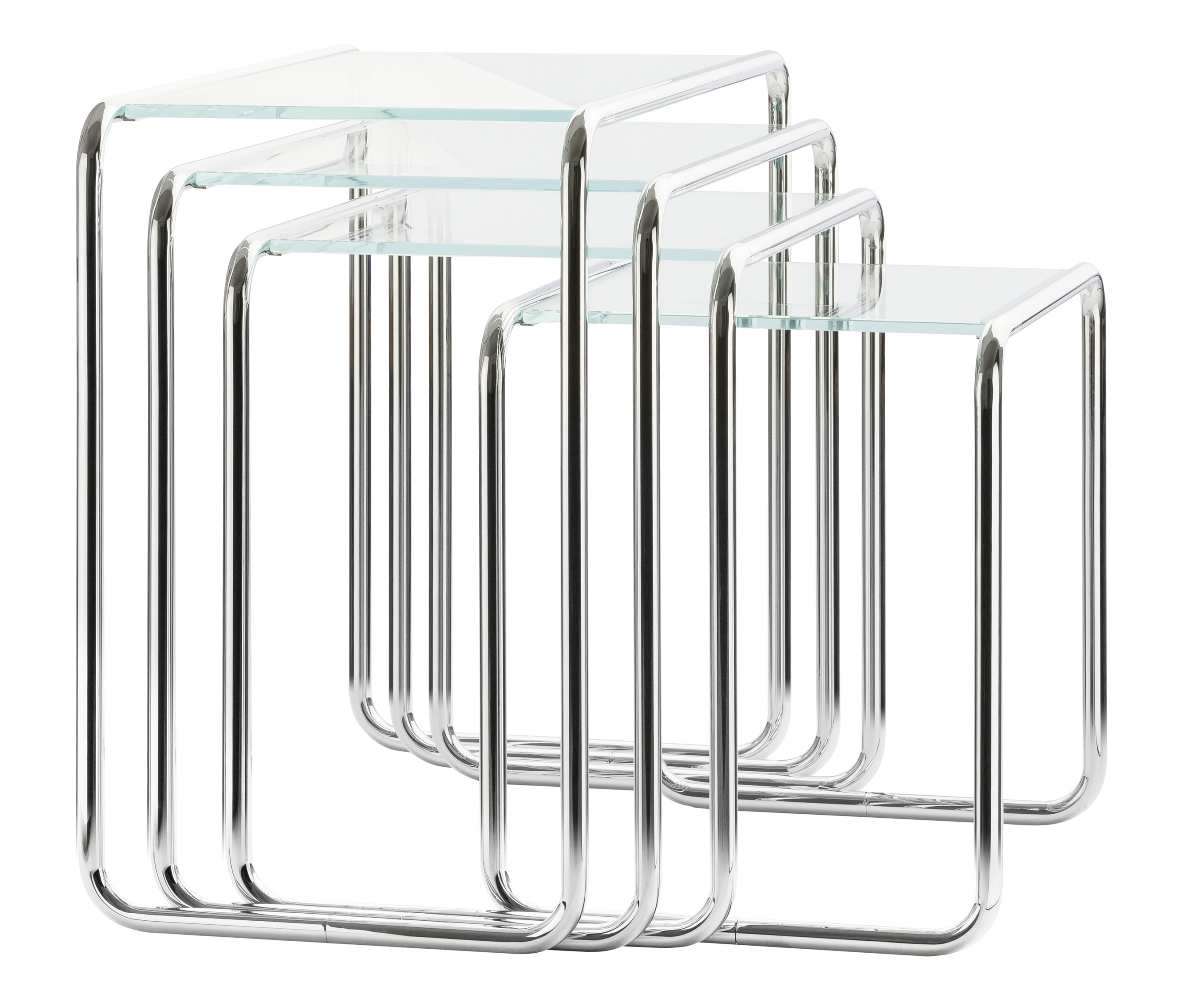 Set B9 Thonet Beistelltische: Drei ineinander geschobene, verchromte Stahlrohr-Tische mit Glasplatten. Bauhaus Design Klassiker.
