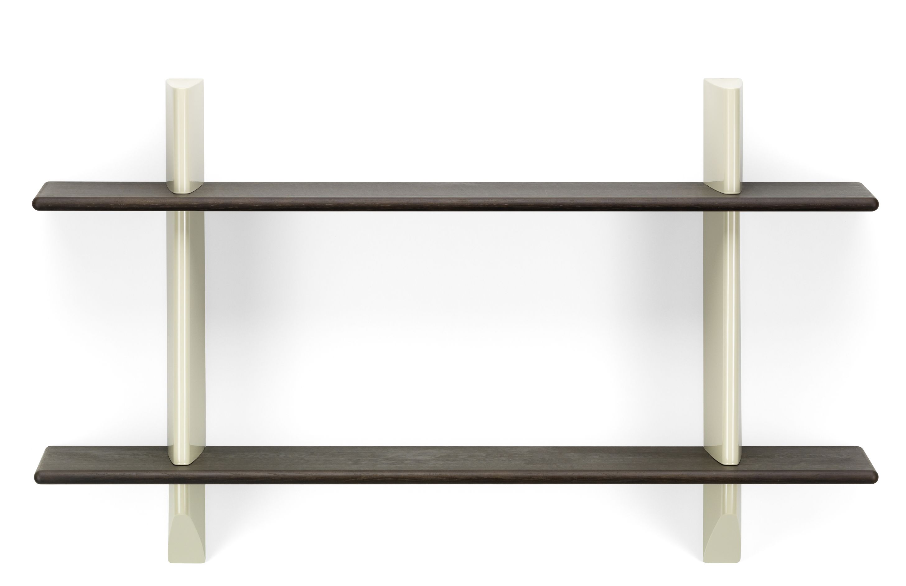 Vitra Rayonnage Mural Wandregal mit zwei dunklen Holzablagen und hellen Stützen.