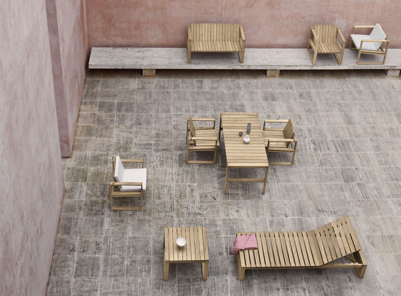 Gartenmöbel Set aus Holz: Tisch, Stühle, Bank und Liege für den Außenbereich.