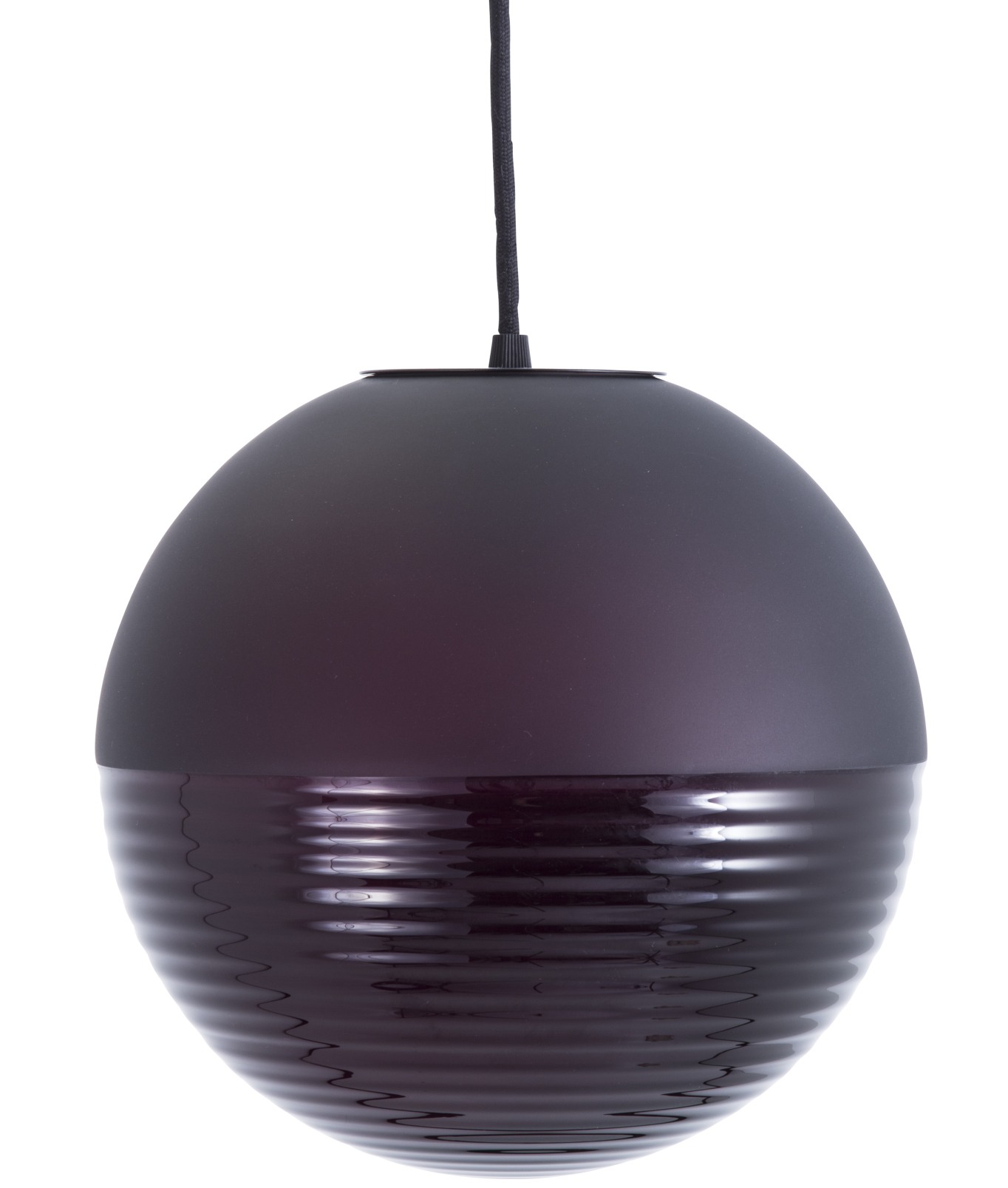 Stellar Pendelleuchte von Pulpo: Runde, dunkle Hängelampe mit geriffelter Glasstruktur für stimmungsvolle Beleuchtung.