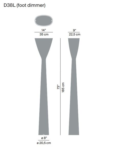Skizze der D38L Carrara LED Stehleuchte Luceplan mit Abmessungen für Produktdetails.