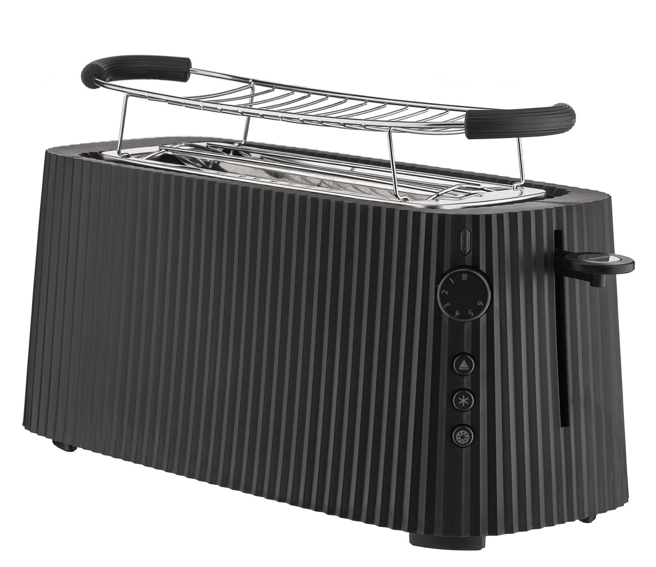 Schwarzer Alessi Plissé Toaster XXL mit Brötchenaufsatz aus Edelstahl für knusprige Toasts.