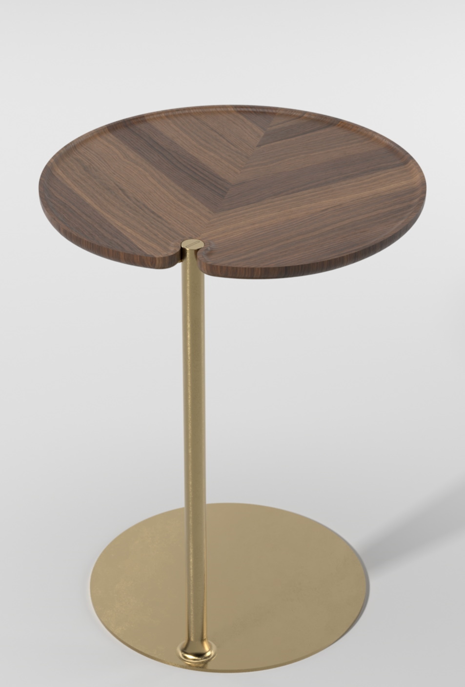 Leaf Beistelltisch mit runder Holzplatte und goldenem Metallfuß. Modernes Design für Wohnzimmer.