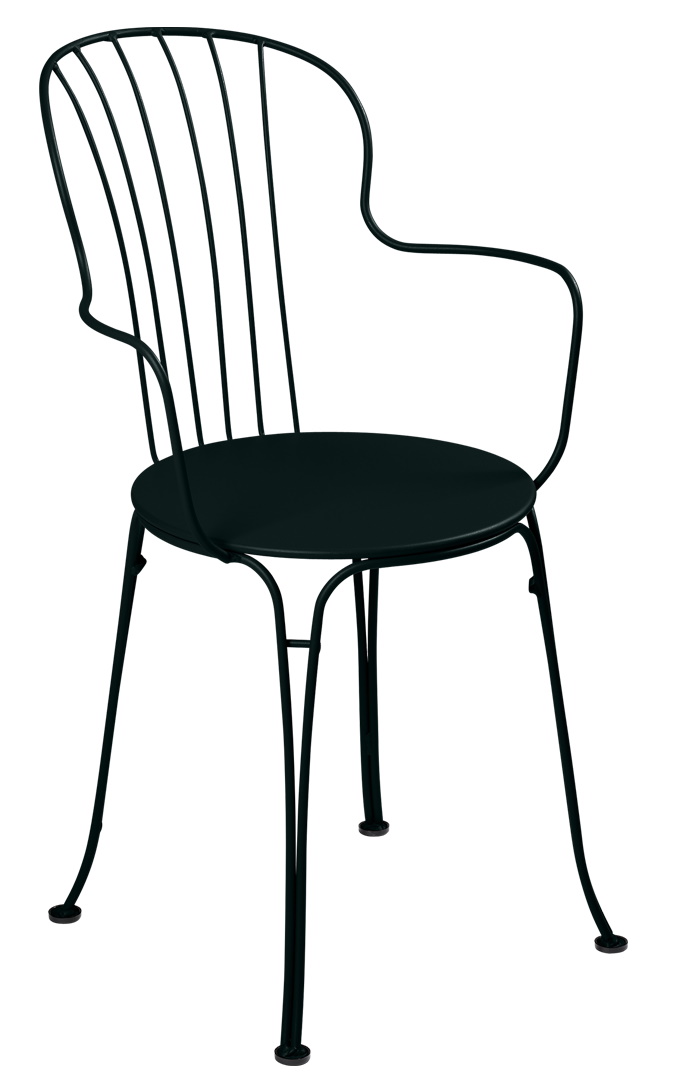 Schwarzer Opéra+ Stuhl von Fermob für den Außenbereich, Metallstuhl mit Armlehnen und runder Sitzfläche.