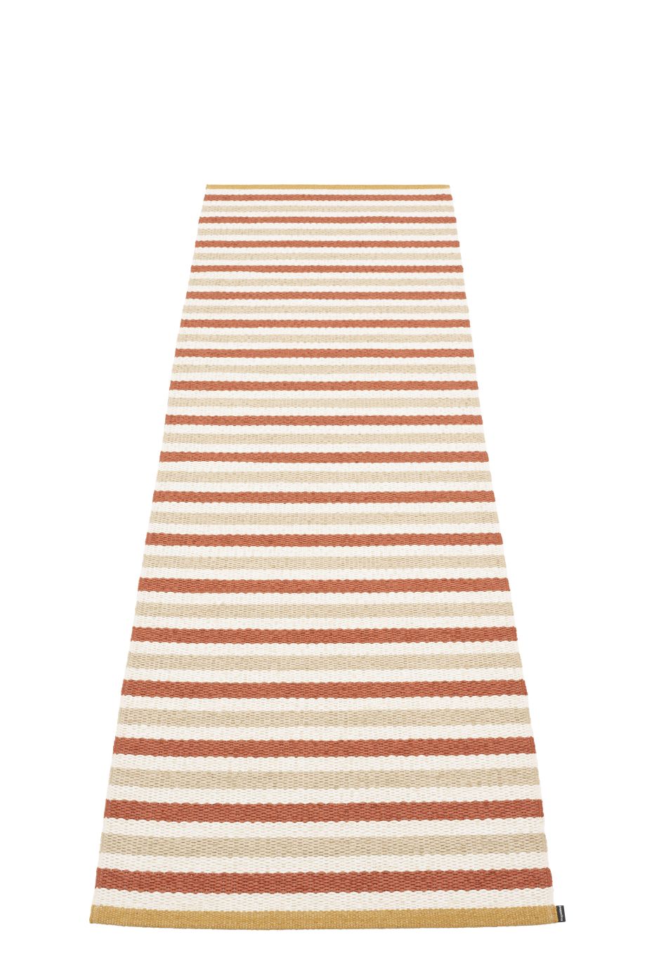 Teo Teppich 70x240cm Ziegel Pappelina mit horizontalen Streifen in Ziegelrot, Beige und Gelb.