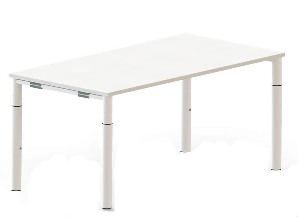 Weißer Systo Tec Schreibtisch von Palmberg, höhenverstellbar, für ergonomisches Arbeiten im Büro.