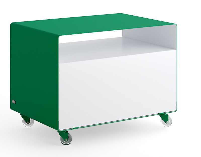 Grüner R 107N Rollwagen von Müller Möbelfabrikation mit weißer Klapptüre und Rollen. Moderner, mobiler Stauraum.