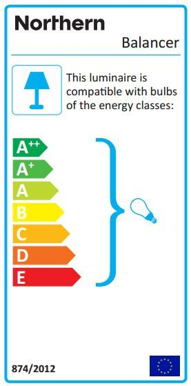 Energieeffizienzlabel für die Northern Balancer Stehleuchte, kompatibel mit Leuchtmitteln der Klassen A++ bis E.