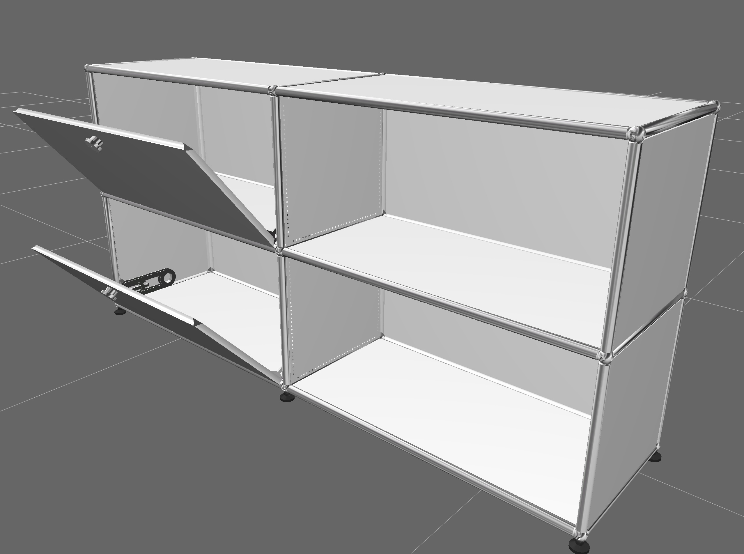 USM Haller Sideboard in Reinweiß mit zwei offenen Fächern und zwei Klappen links.