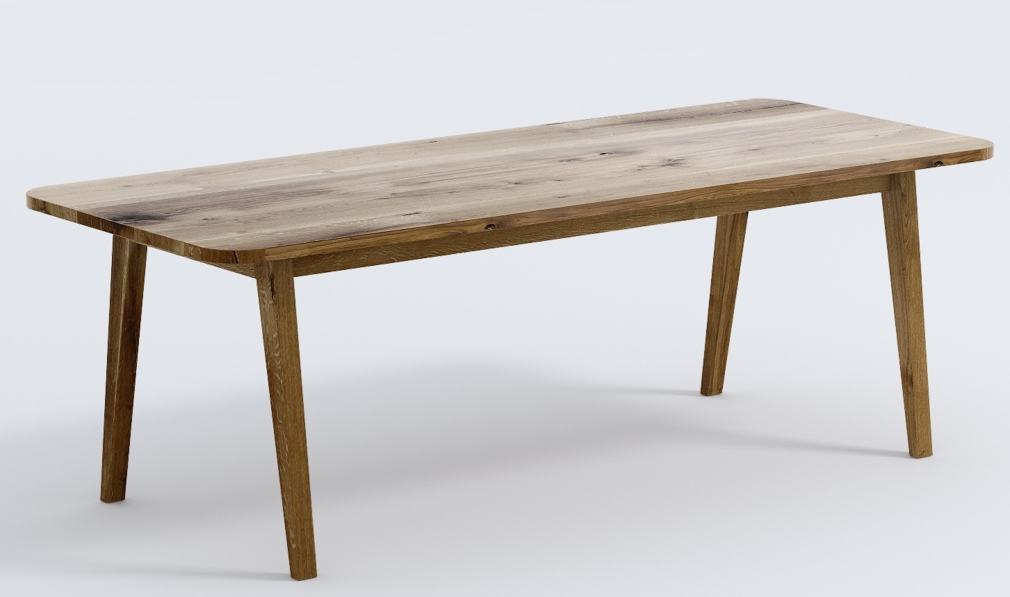 Lav Esstisch Trebord: Rechteckiger Holztisch mit abgerundeten Ecken und vier schrägen Beinen.