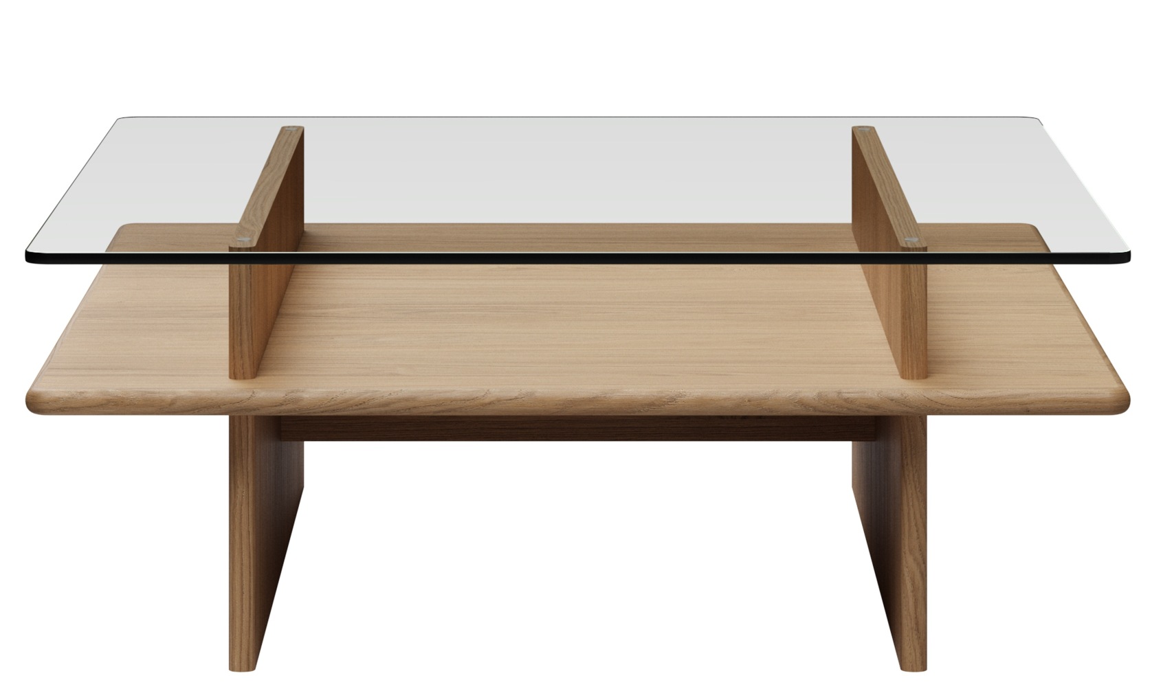 Woud Parallel Couchtisch 90x90 cm: Quadratischer Wohnzimmertisch aus hellem Holz mit Glasplatte.