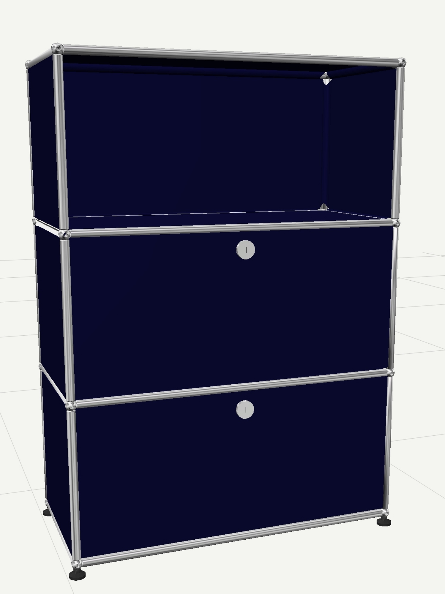 USM Haller Highboard in Stahlblau mit zwei Klappen und einem offenen Fach für stilvolle Aufbewahrung.
