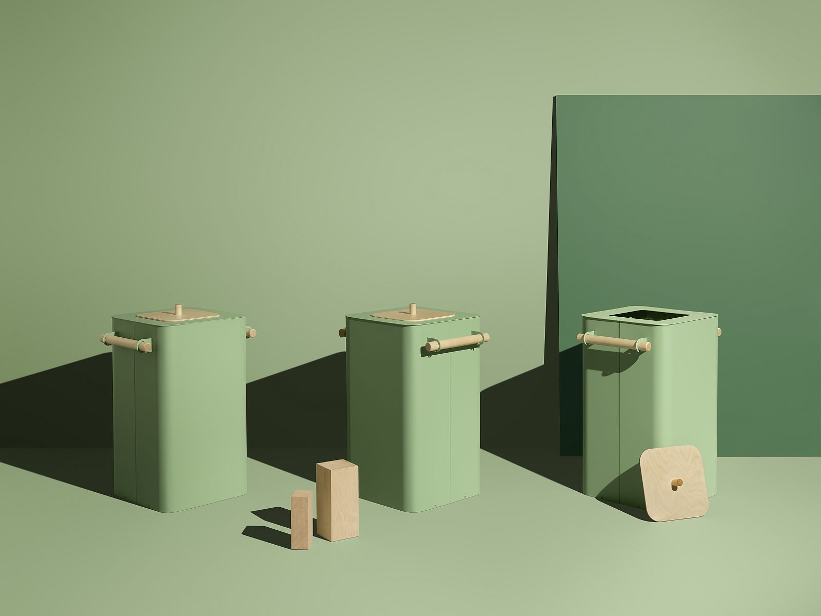 Drei grüne Arkiv Bin Mülleimer für Mülltrennung mit Holzgriffen und Deckel auf grünem Hintergrund.