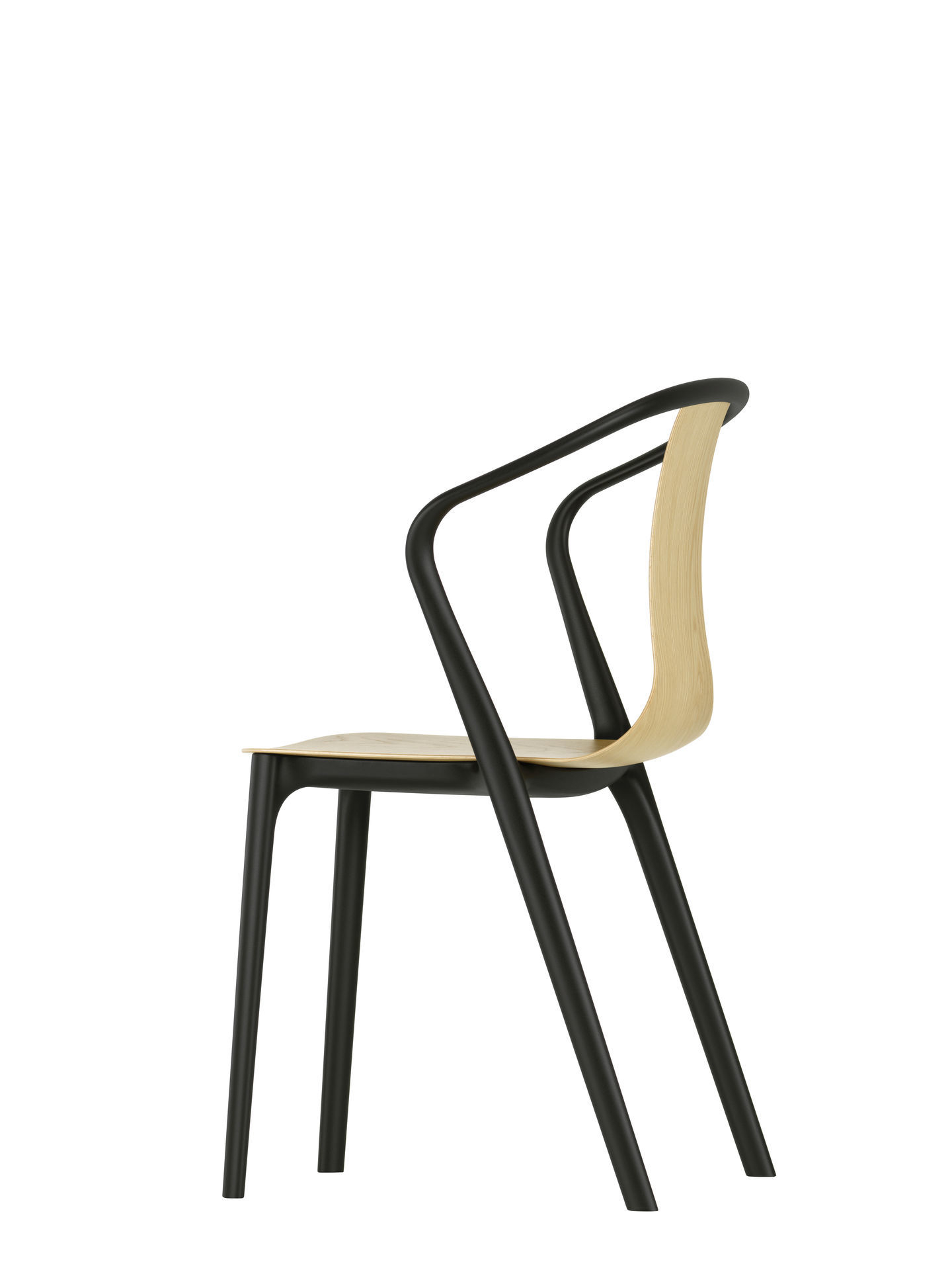 Belleville Armchair Wood Stuhl von Vitra, Ansicht von der Seite, Holz und schwarzes Gestell.