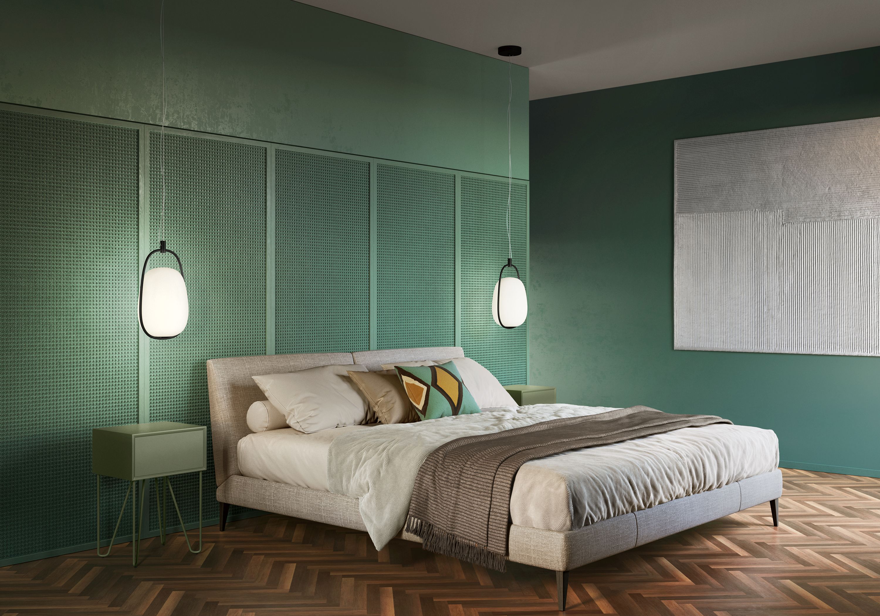 Schlafzimmer mit Lannà Pendelleuchten von Kdln: Moderne Hängelampen über Nachttischen.