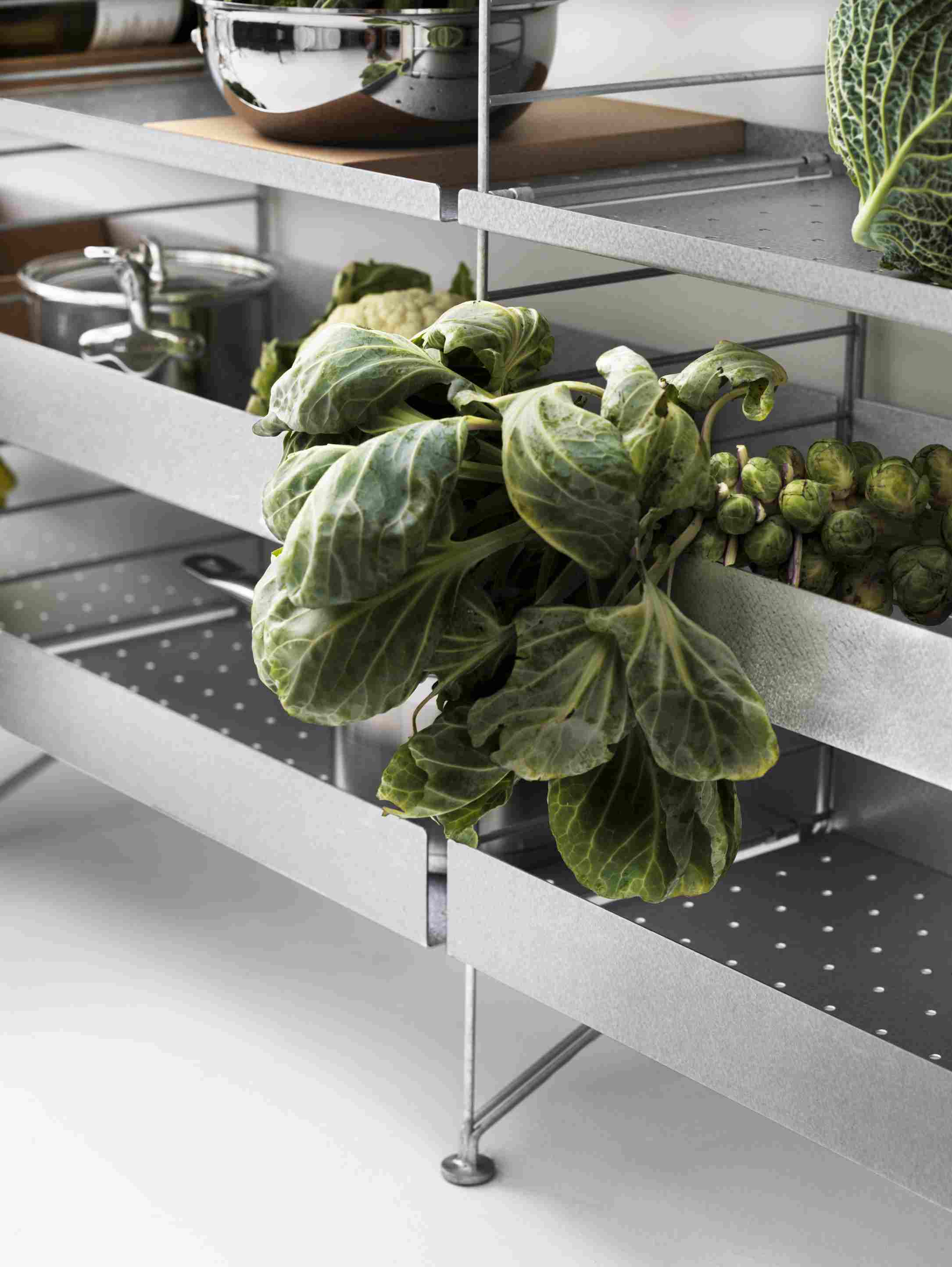 String Regalsystem in der Küche mit Gemüse. Modernes Wandregal von String Furniture.