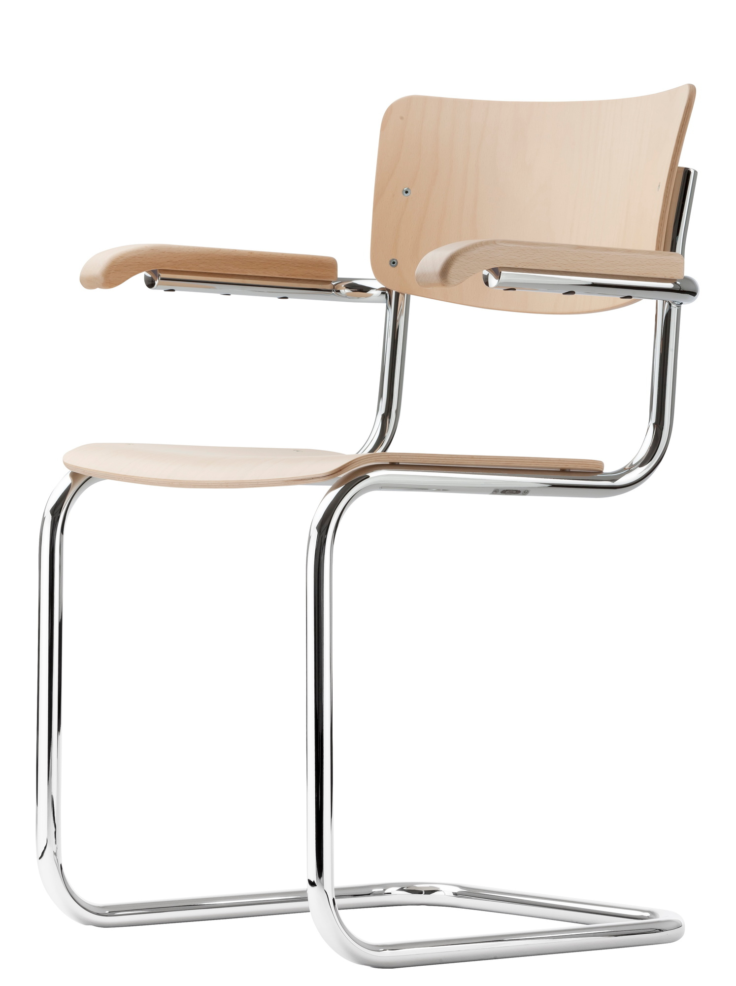 S 43 Freischwinger Stuhl von Thonet: Klassischer Stahlrohrstuhl mit Holz Sitzfläche und Armlehnen.