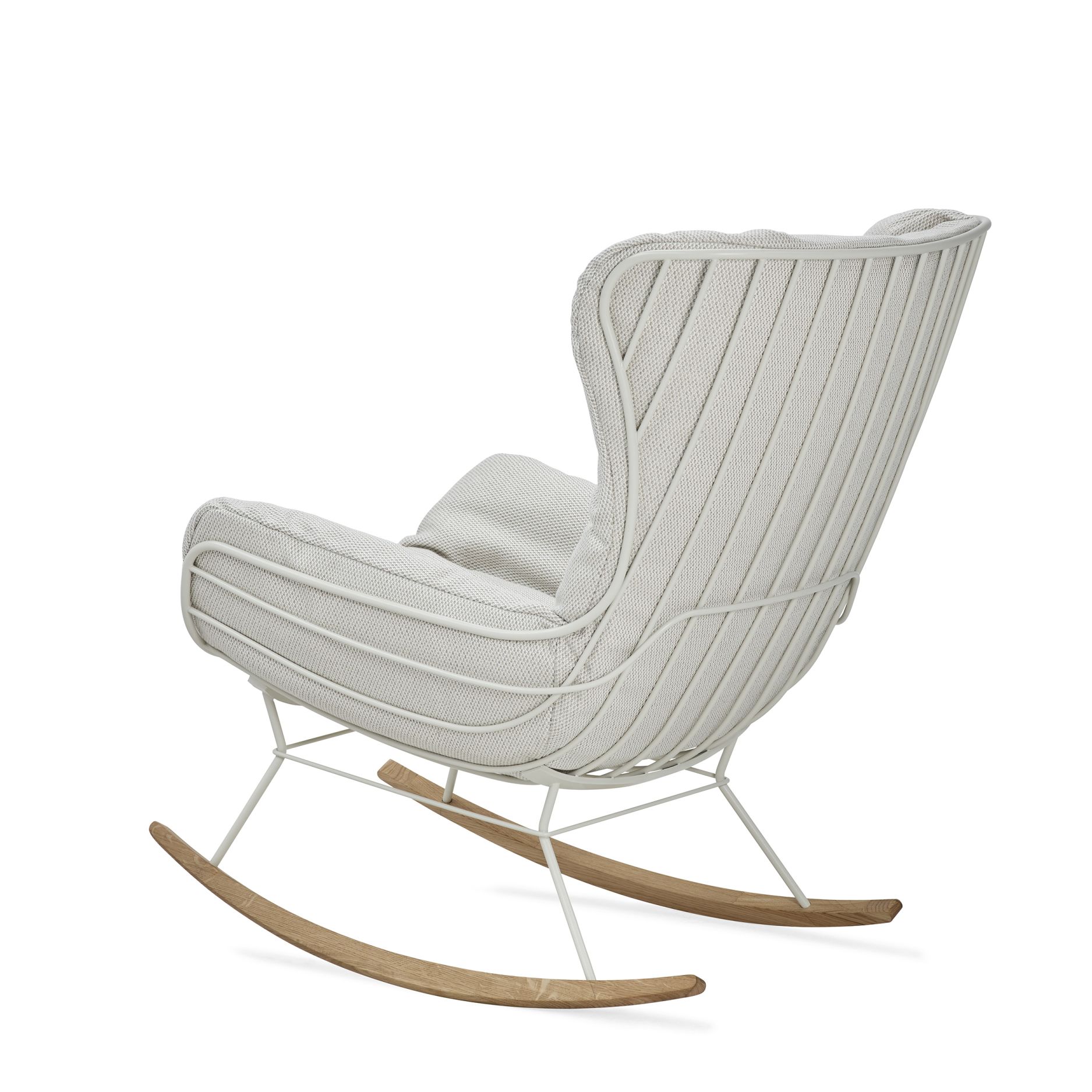 Leyasol Schaukelstuhl mit hoher Rückenlehne, weißem Stoffbezug und Holz-Kufen, modernes Design.