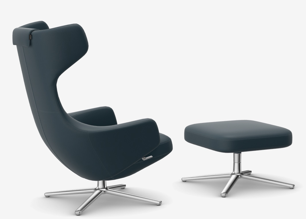 Grand Repos Sessel mit Ottoman in Rauchblau, Premium Leder und Kontrastnaht.