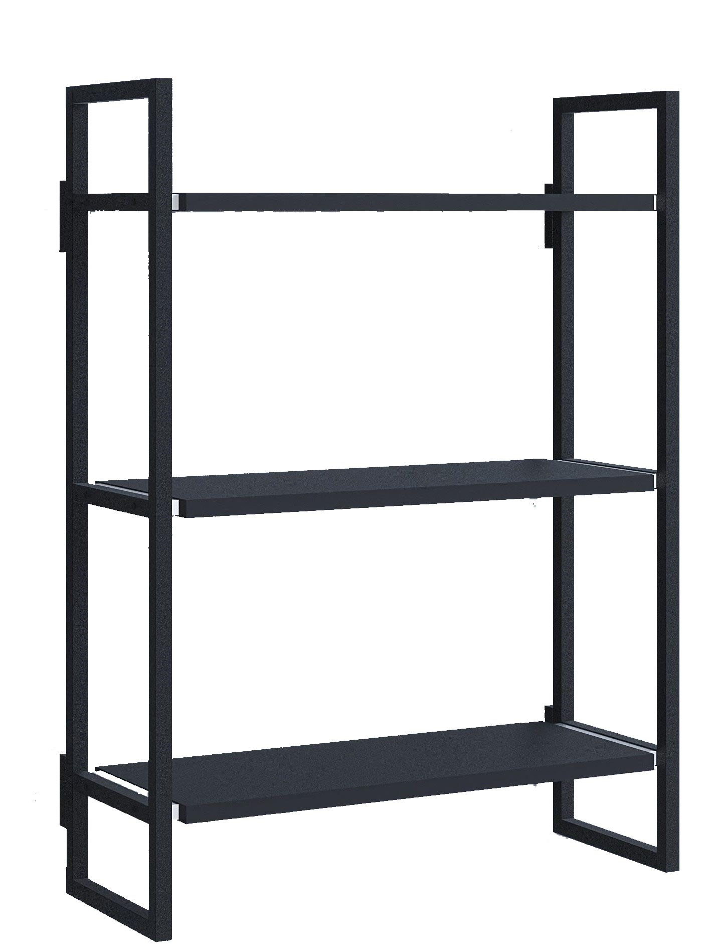 Schwarzes Wandregal "Oncono" Grundmodul B mit drei Regalböden aus Metall, modernes Design für Wohnzimmer und Büro.