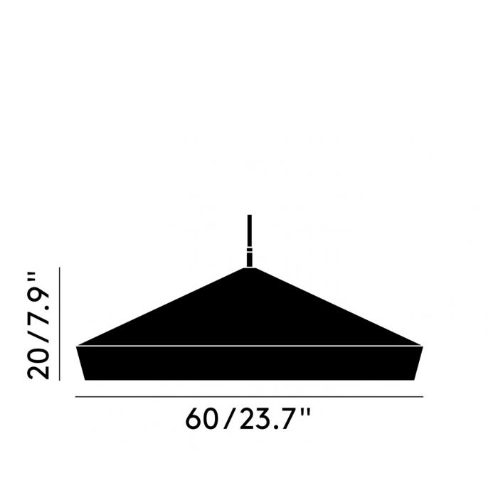 Schwarz-weiße Zeichnung der Tom Dixon Beat Flat LED Pendelleuchte mit Maßangaben. Designleuchte für Wohnraum und Büro.
