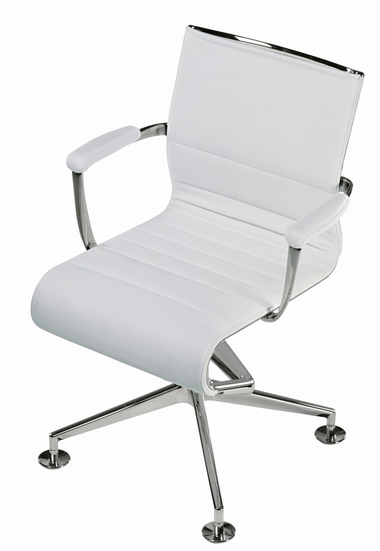 Weißer Meetingframe Drehstuhl mit Armlehnen und verchromtem Fußkreuz, ideal für Büro und Konferenz.