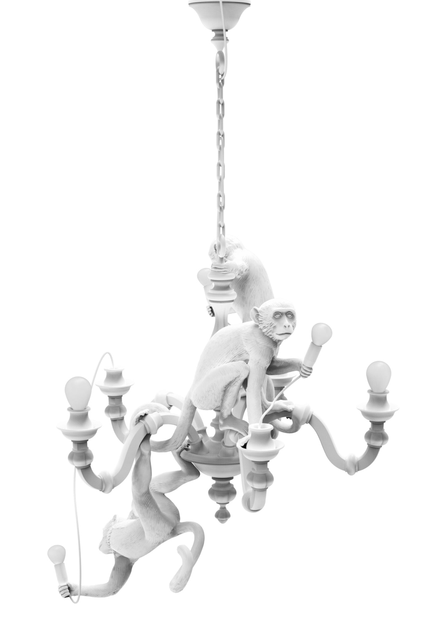 Weiße Monkey Chandelier Pendelleuchte von Seletti mit drei Affenfiguren, die Lampen halten.