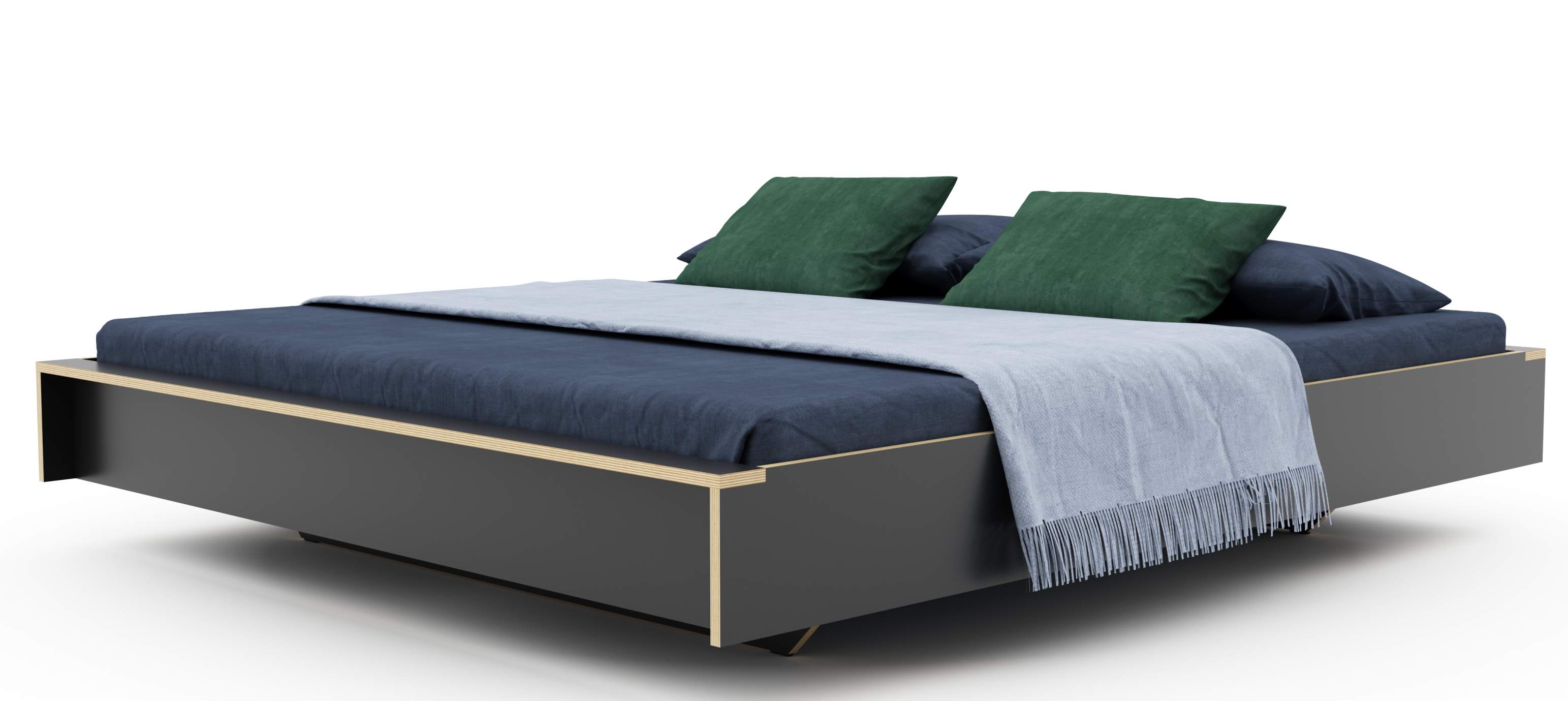 Flai Bett von Müller Möbelwerkstätten, Doppelbett in Weiß mit blauer Bettwäsche und Kissen.