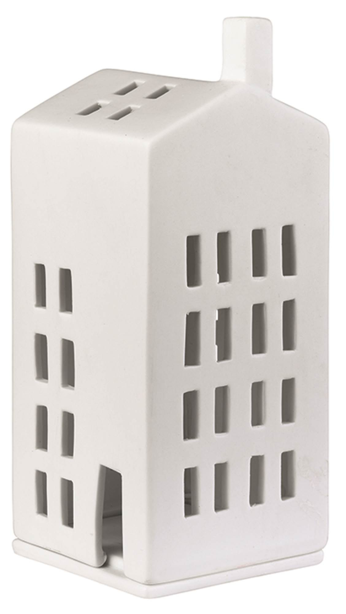 Detailaufnahme eines weißen Räder Lichthaus aus der Zuhause-Kollektion mit Fensteröffnungen und Schornstein.