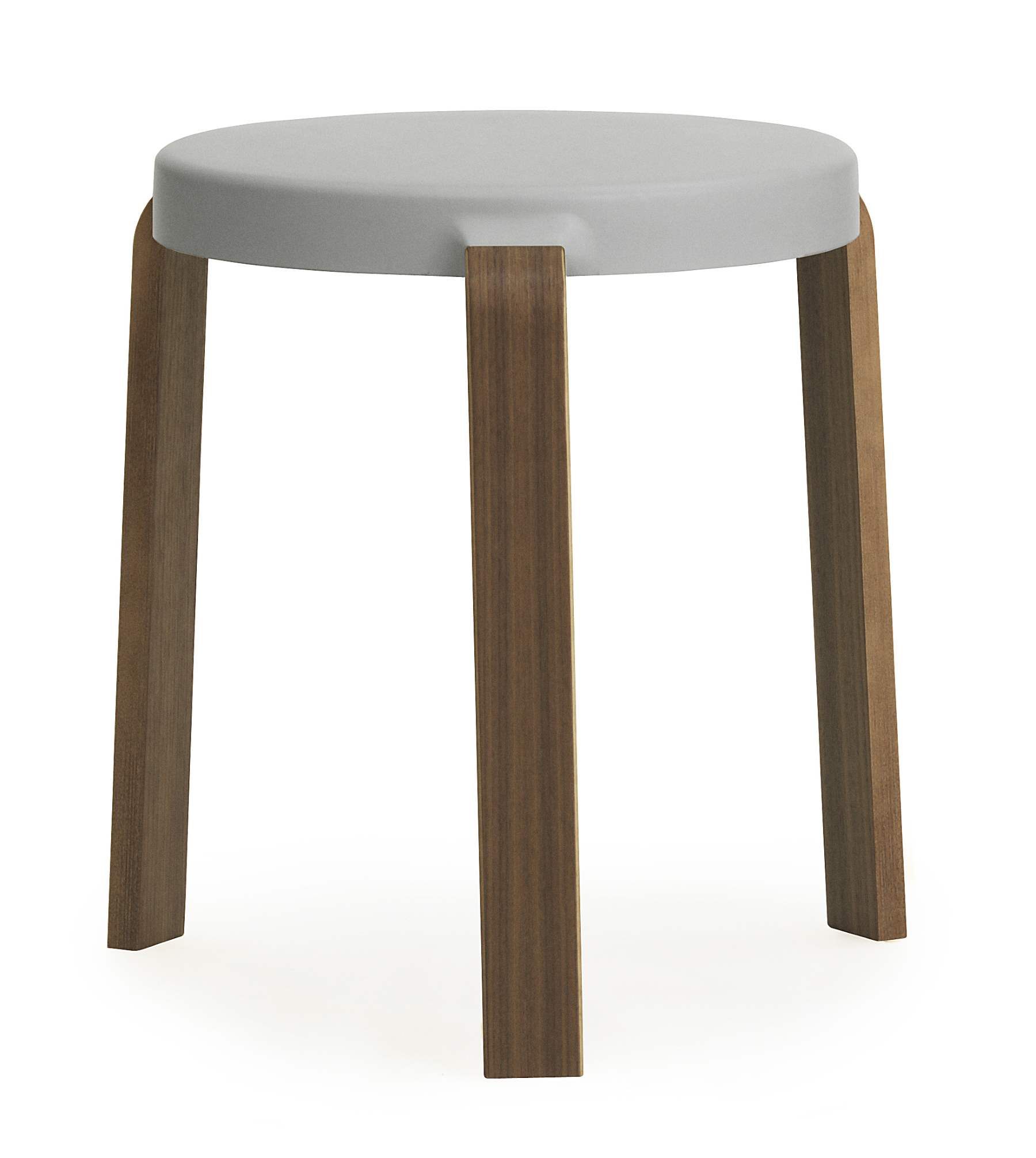 Tap Hocker von Normann Copenhagen, grauer Sitz und Beine aus braunem Holz, moderne Sitzgelegenheit.