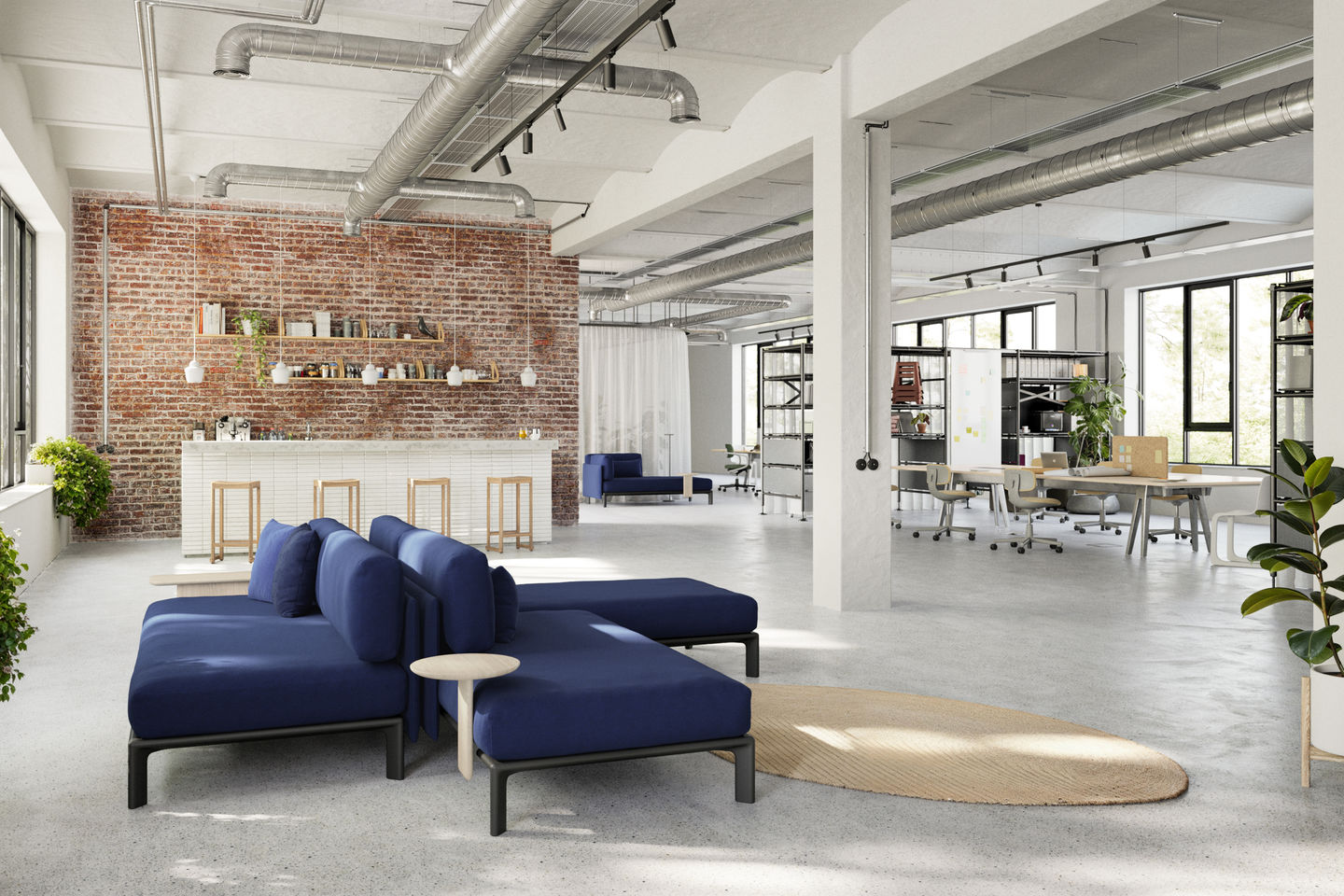 Blaues Anagram Sofa von Vitra (90x180cm) in modernem Loft-Büro, modulare Sitzlandschaft.