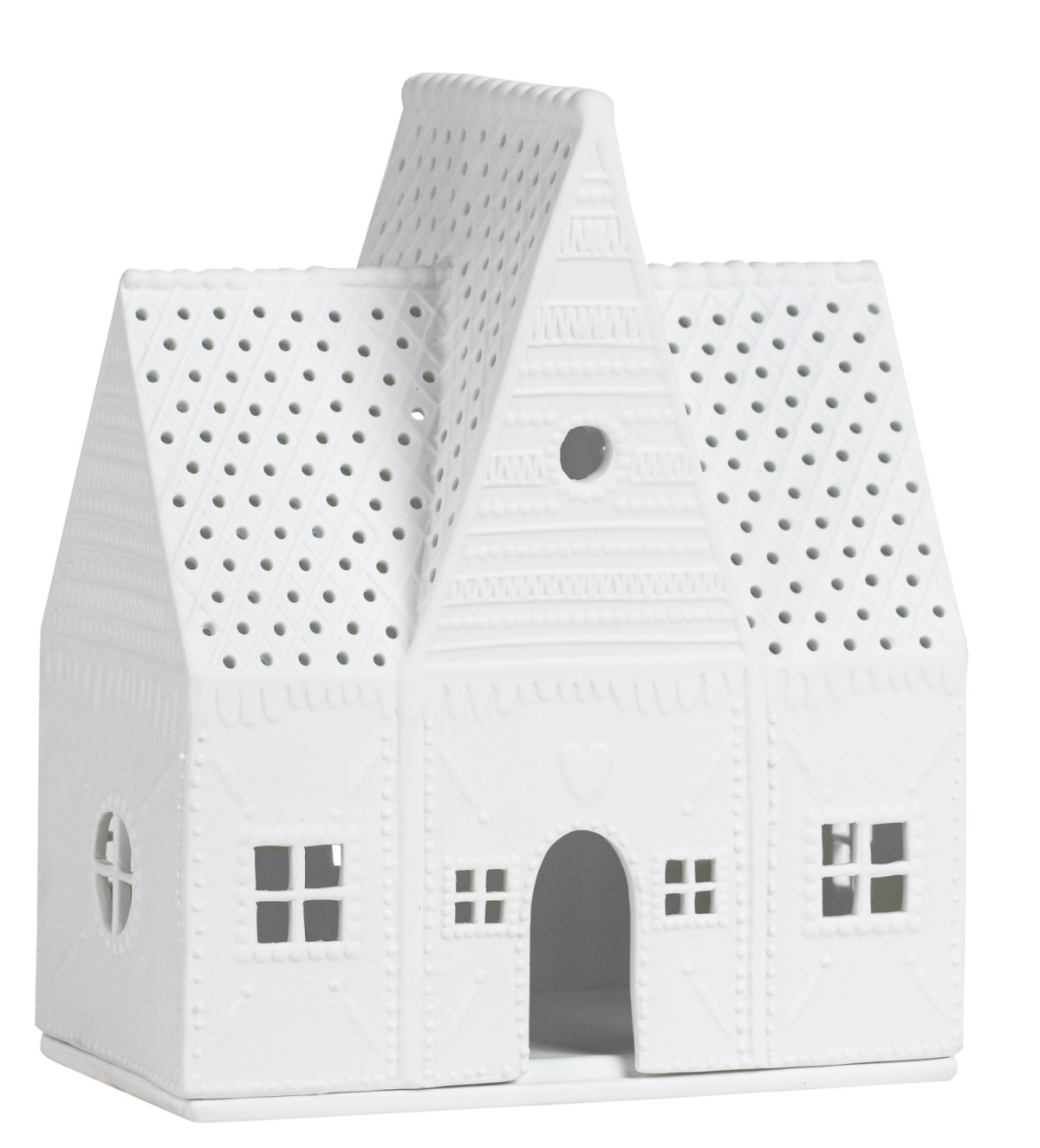 Detailaufnahme eines weißen Zuhause Lichthaus Lebkuchenhaus aus Keramik, Teil eines 3er-Sets, für stimmungsvolle Weihnachtsdekoration.