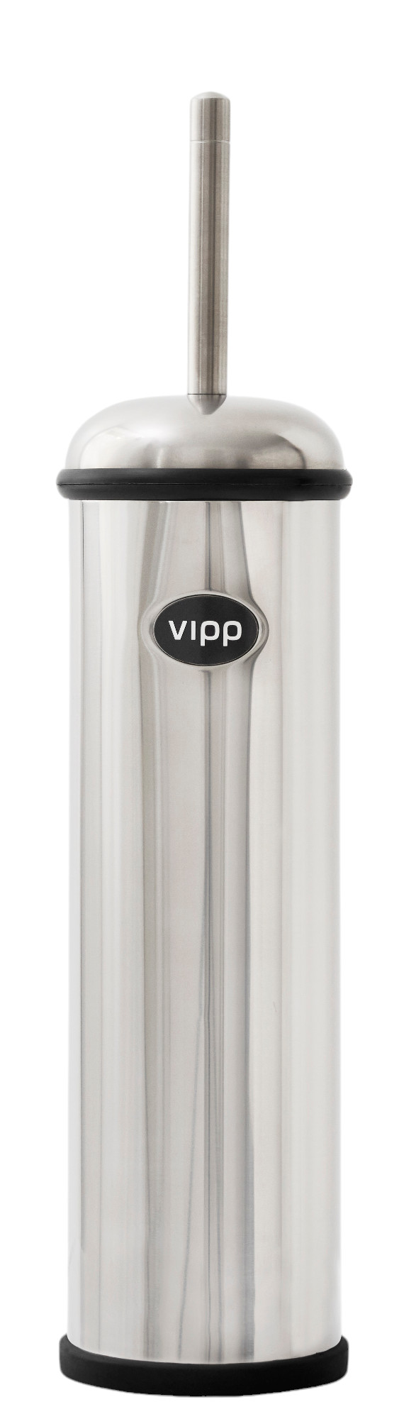 Vipp Toilettenbürste aus Edelstahl, freistehend, mit schwarzem Gummiring und Bürste, modernes Badezimmeraccessoire.