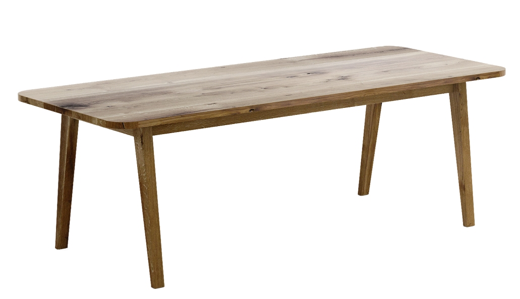 Lav Esstisch Trebord: Rechteckiger Holztisch mit abgerundeten Ecken und konischen Beinen auf weißem Hintergrund.