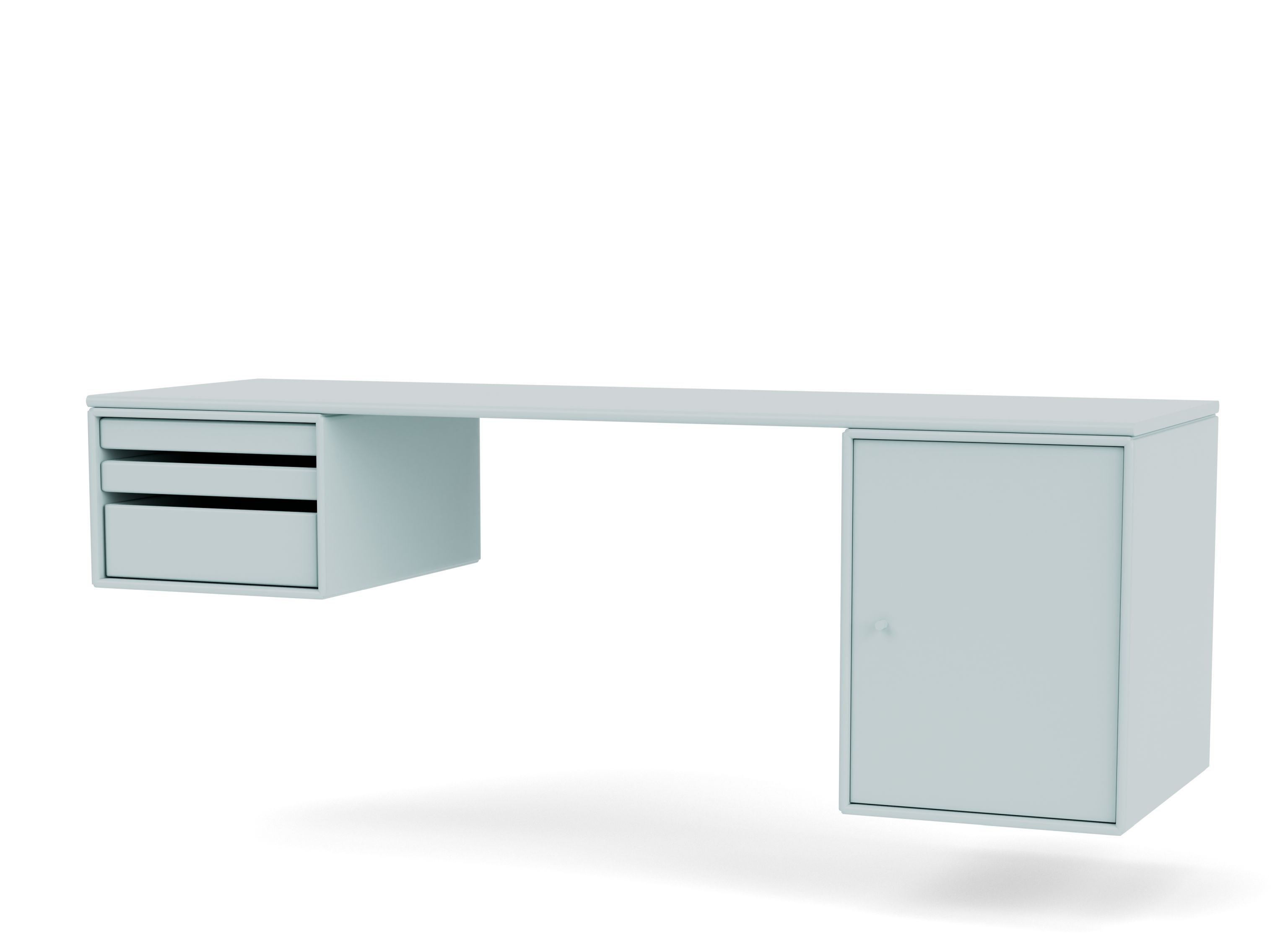 WORKSHOP Montana Schreibtisch QUICK SHIP in hellblau mit Schubladen und Schrank für Büro und Arbeitszimmer.