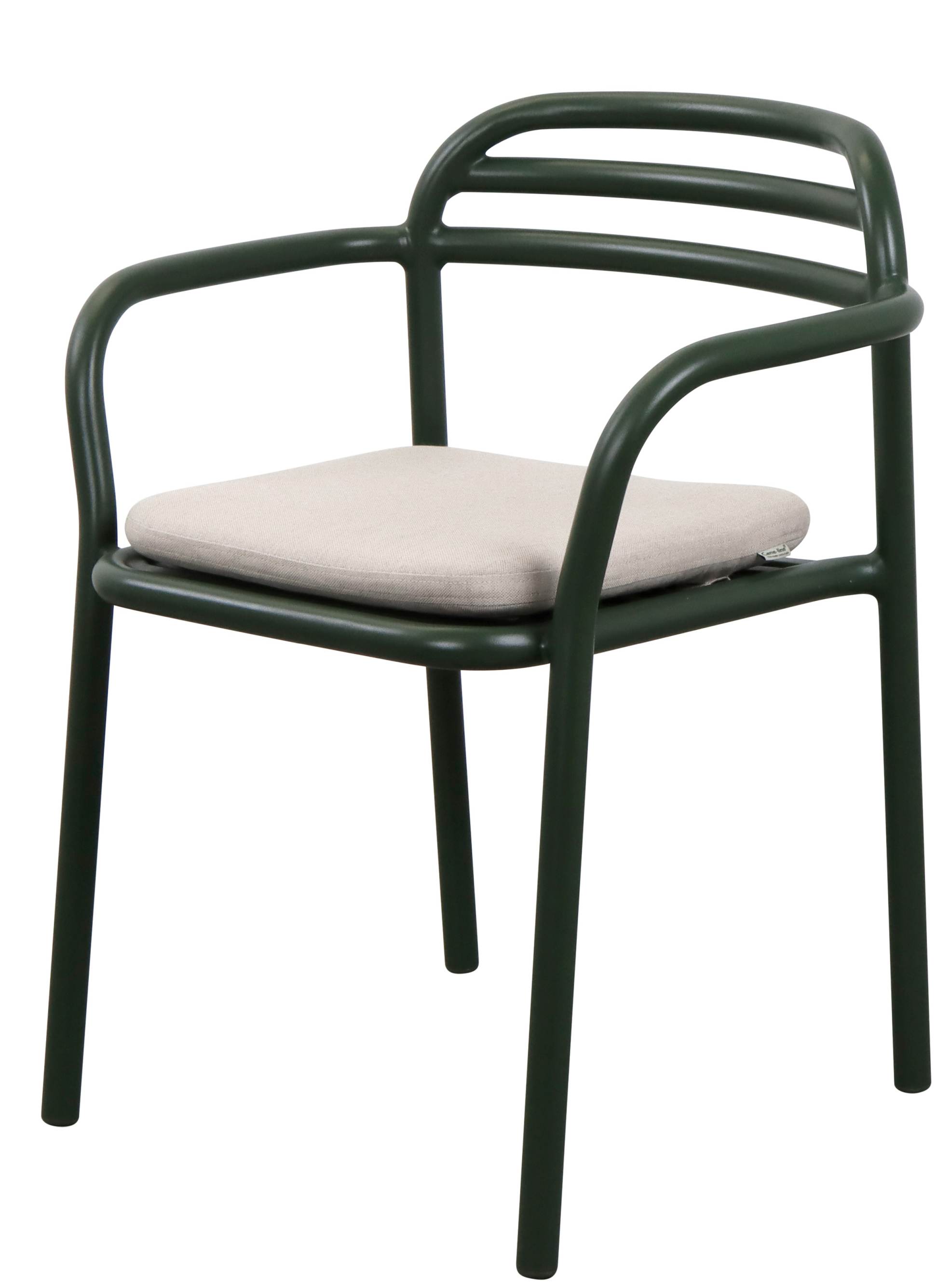 Grüner Cane-Line Bliss Stuhl mit beigem Sitzkissen für den Außenbereich. Gartenmöbel für Terrasse.