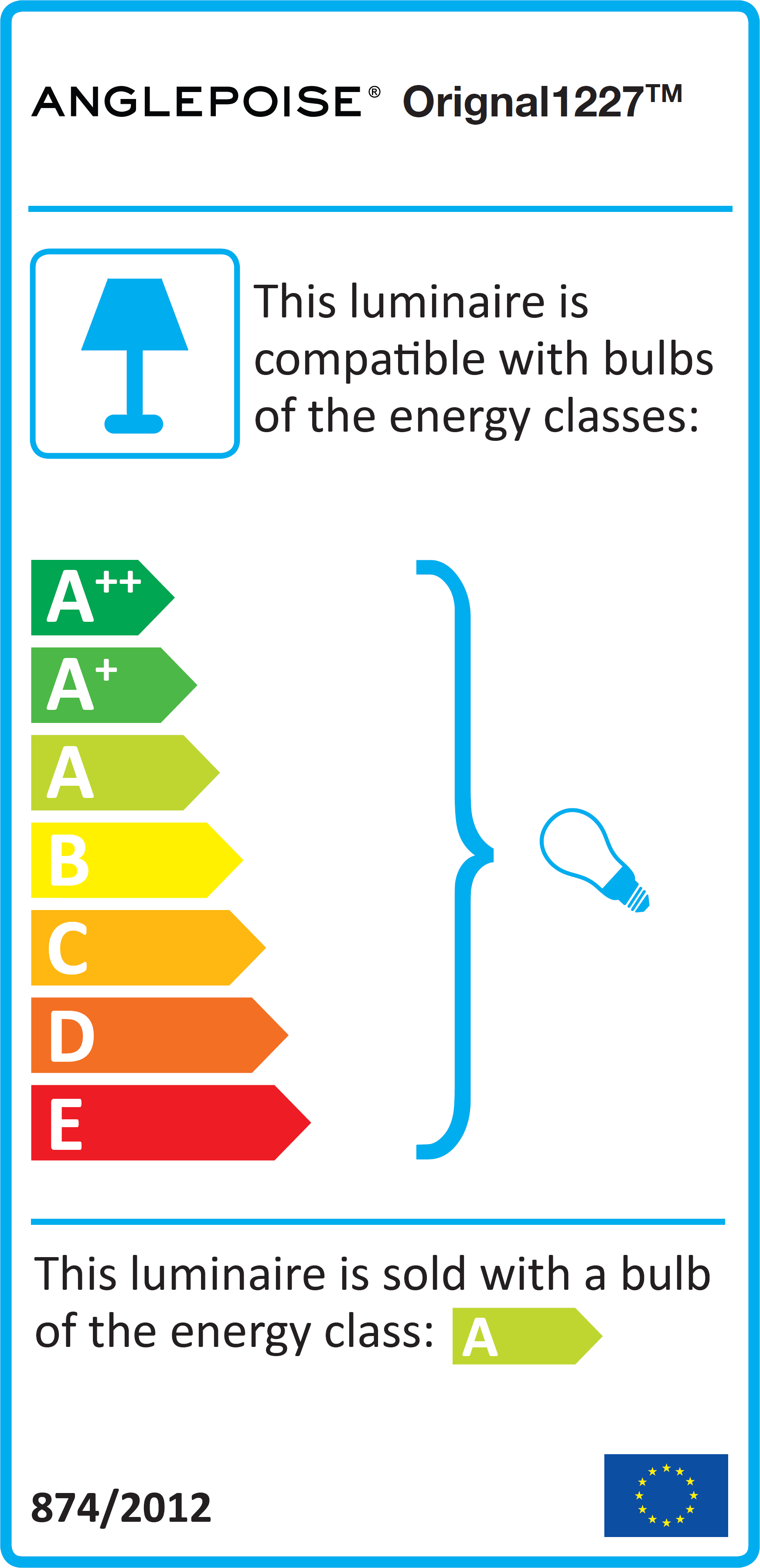 Energieeffizienzlabel der Anglepoise Original 1227 Tischleuchte, kompatible Energieklassen und mitgelieferte Glühbirne.