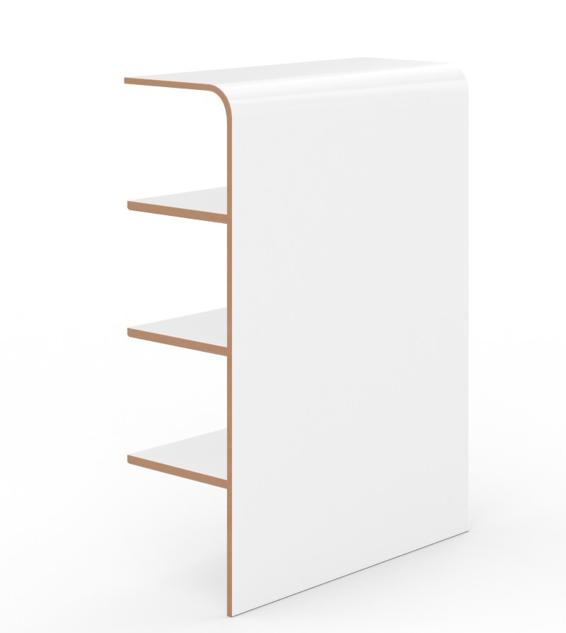 Weißes Tojo Regal mit drei Ablageflächen aus Holz für Wohnzimmer oder Büro.