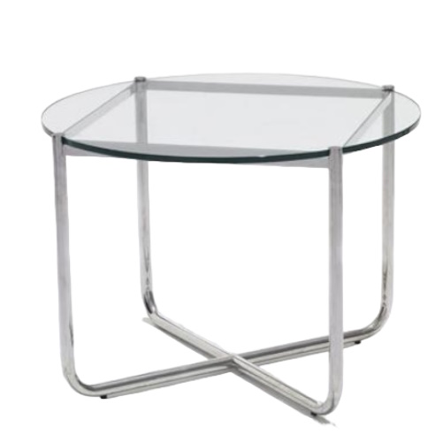 MR Couchtisch von Knoll International mit runder Glasplatte und verchromtem Stahlgestell. Moderner Beistelltisch.