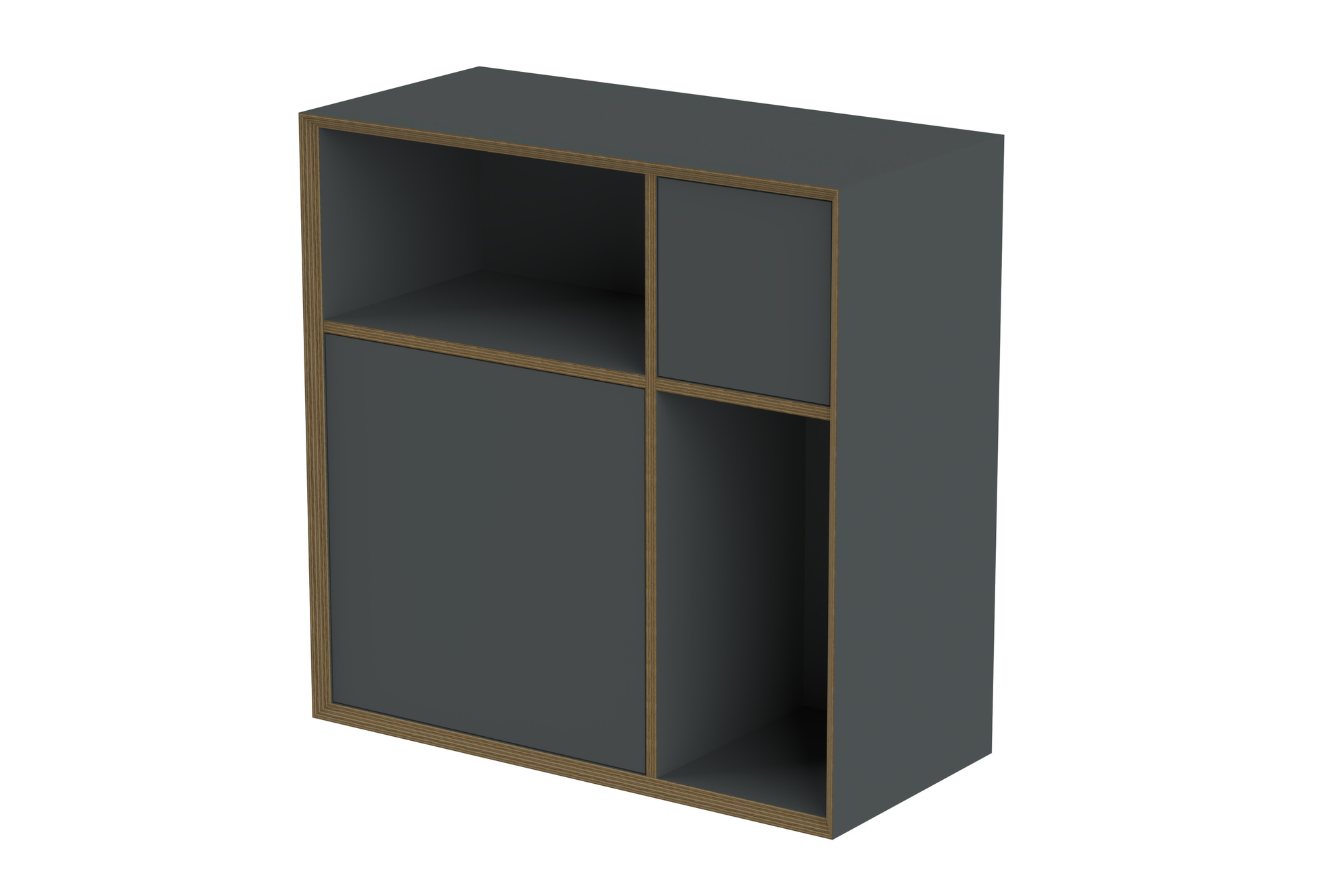 Vertiko Ply Regal von Müller Möbelwerkstätten, graues Wandregal mit Fächern und Holzrahmen.