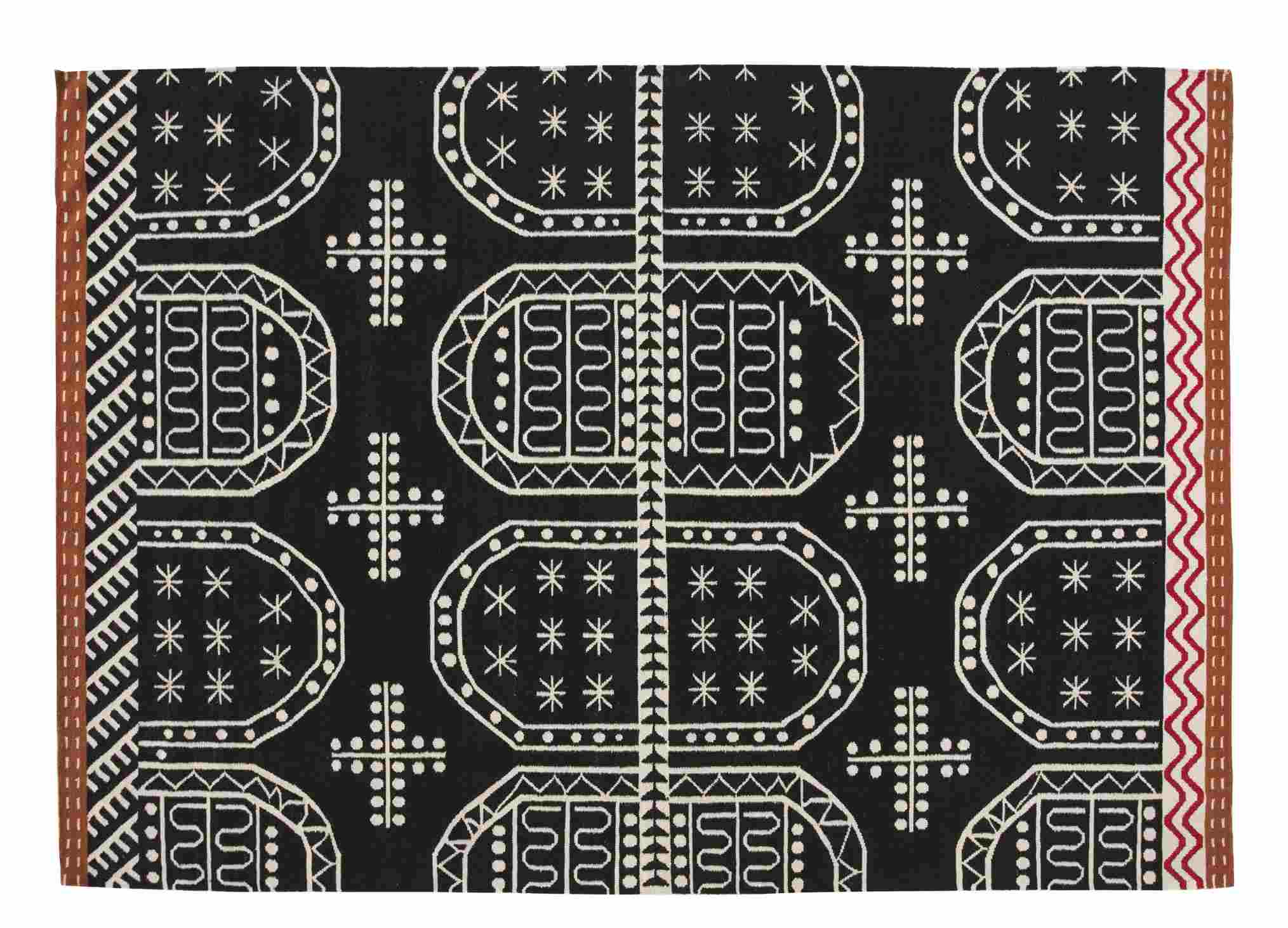 Kilim Tasili Teppich 200x300 cm: Schwarzer Wollteppich mit abstraktem, weißem Muster für Wohnzimmer und Schlafzimmer.