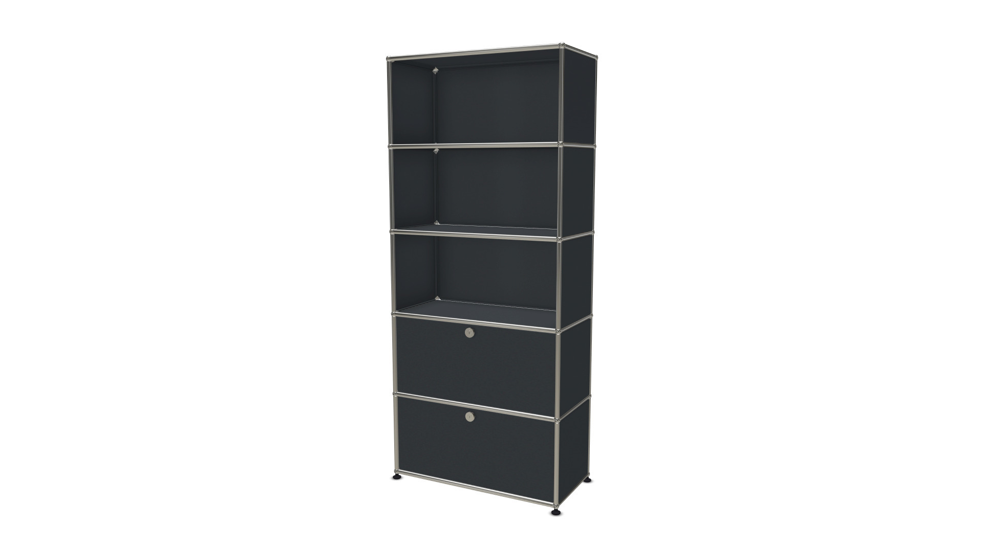 Anthrazitfarbenes USM Haller Regal mit zwei Klappen und offenen Fächern, modernes modulares Möbeldesign.