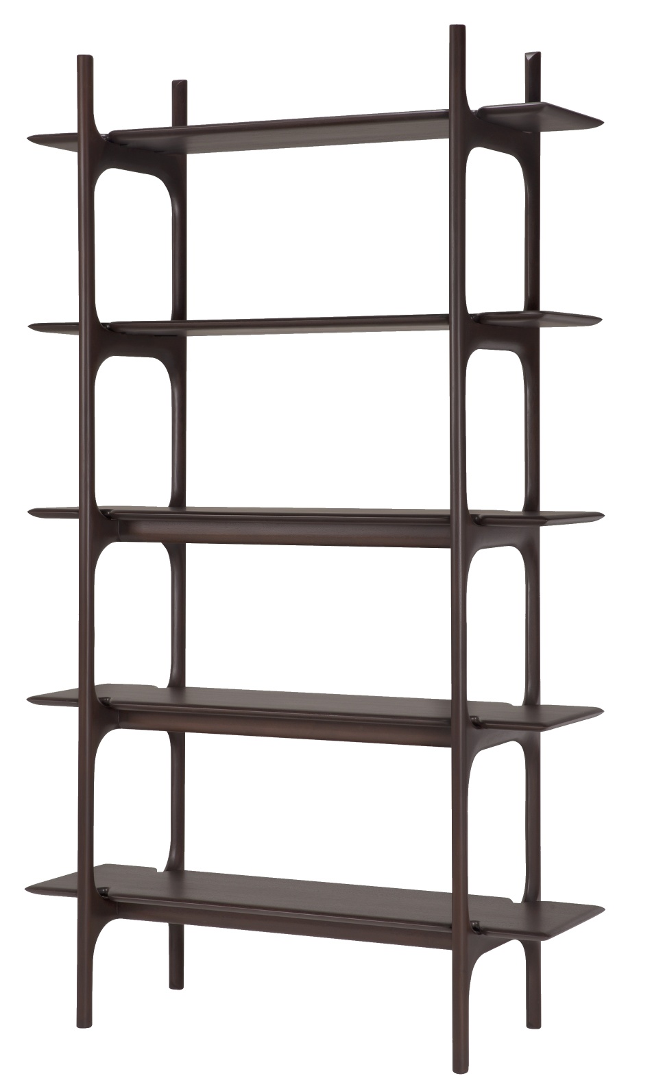 Ethnicraft PI Rack Regal aus dunklem Holz mit fünf Ablageflächen für Wohnzimmer oder Büro.