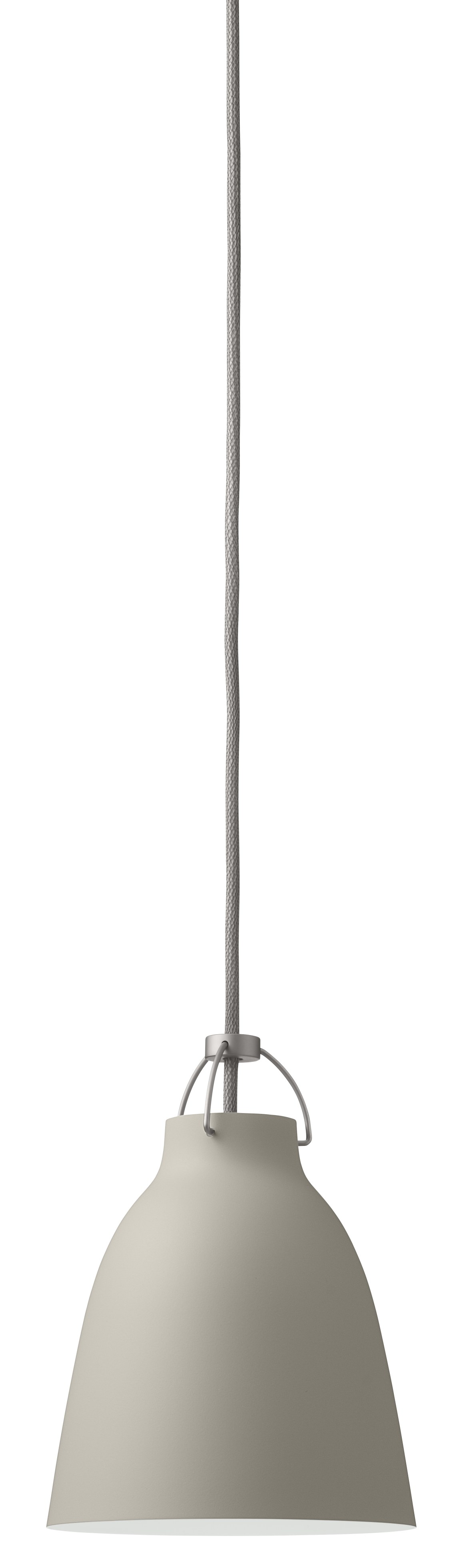 Nahaufnahme der Caravaggio P1 Pendelleuchte in mattem Hellgrau von Fritz Hansen.