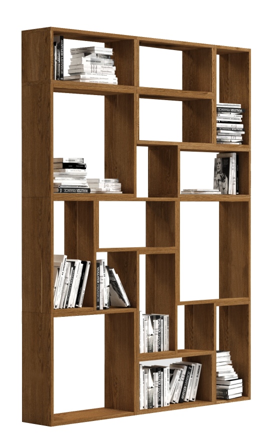 Jorden Regal Trebord: Modernes, braunes Holzregal mit verschiedenen Fächern, gefüllt mit Büchern. Ideal für Wohnzimmer und Büro.