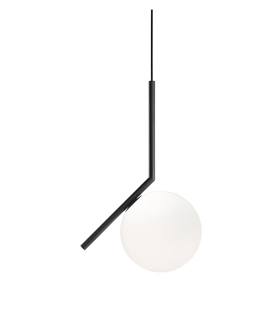 IC Lights S1 Pendelleuchte von Flos mit schwarzem Gestell und weißem Opalglas-Diffusor.