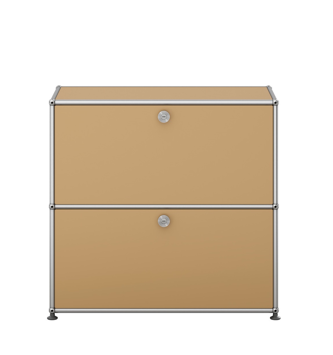 Beiges USM Haller Sideboard klein mit zwei abschließbaren Fächern und verchromtem Gestell.