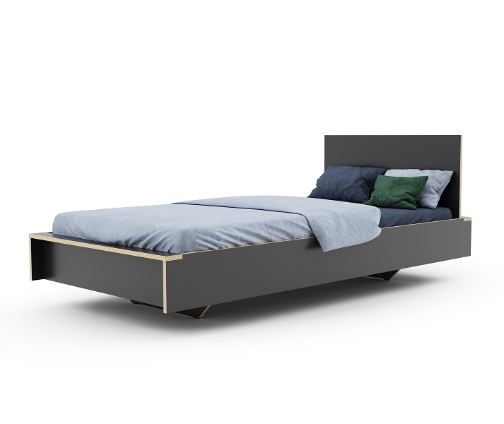 Flai Einzelbett von Müller Möbelwerkstätten in Anthrazit mit Bettwäsche und Kissen. Modernes Design.