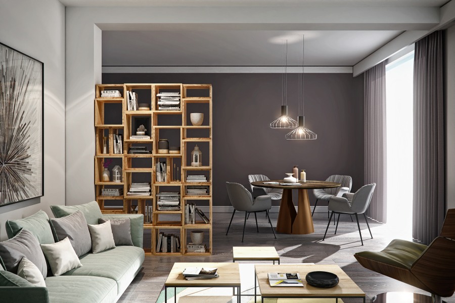 Wohnzimmer mit Mono Tisch, Holzregal, Sofa und Esstisch mit Stühlen. Modernes Wohnambiente.