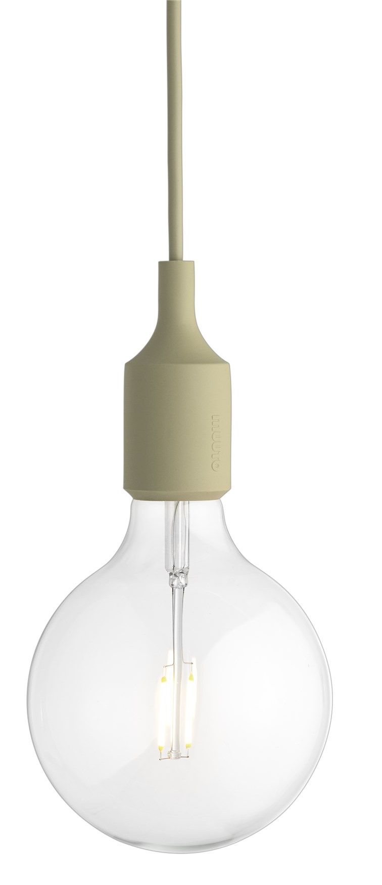 Nahaufnahme der Muuto E27 Socket Pendelleuchte in Beige-Grün mit Glühbirne.